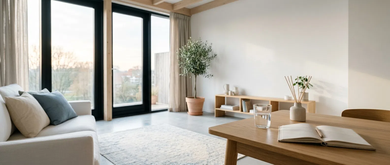 Ljust skandinaviskt interiör på morgonen - lugn atmosfär för en hälsosam vardag
