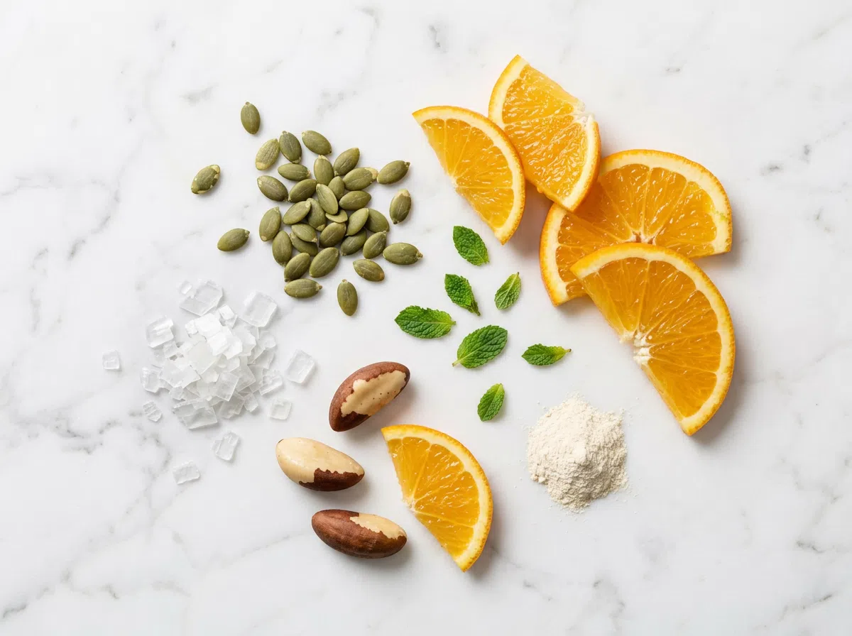 Naturliga ingredienser - pumpafrön, magnesiumflingor, vitamin C-skivor och selen-nötter på vit marmor