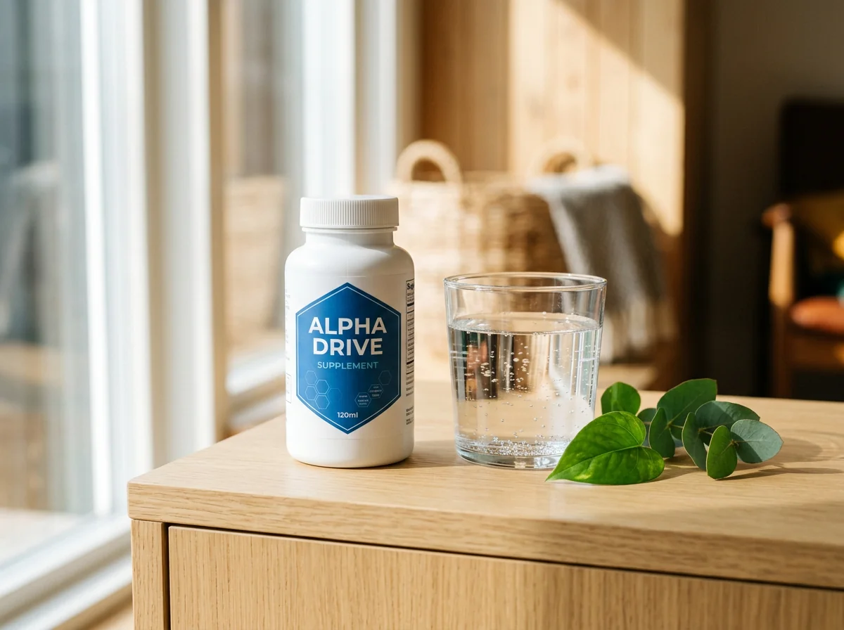 Alpha Drive burk på träyta med glas vatten och gröna blad