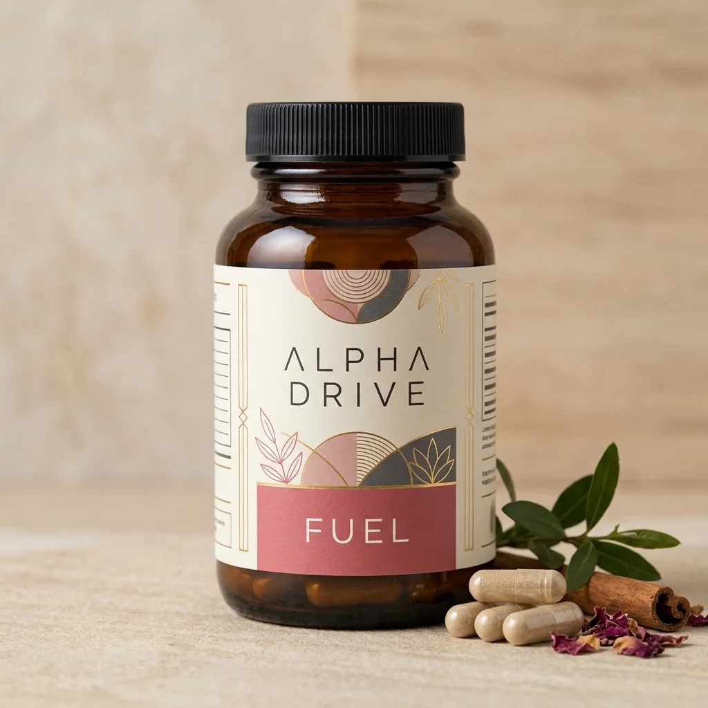 Alpha Drive vit supplement-burk med blå hexagon-etikett - 60 kapslar kosttillskott för mäns vitalitet
